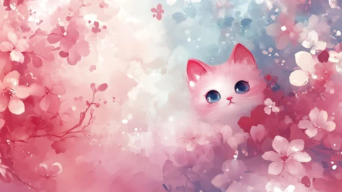 Whimsical Pink Cat Surrounded by Blooming Flowers.