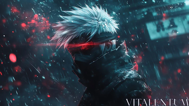 Cybernetic warrior in neon rain with red ocular visor engaged