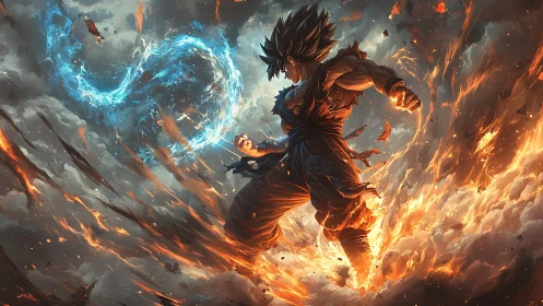 Stormforged warrior dances between blue flame and ash.