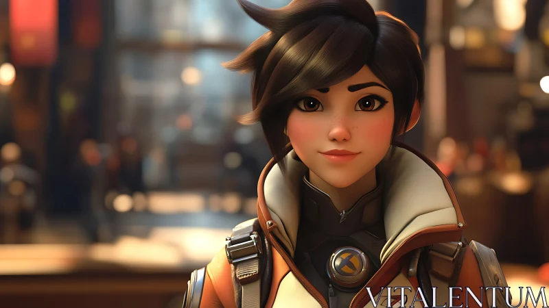 Stylized sci fi heroine in warm cinematic interior scene.