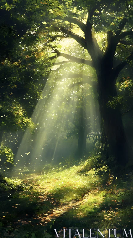 Sunlit Forest Path Through Ancient Trees