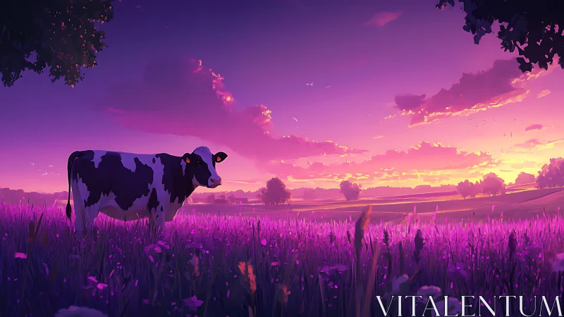 Cow stands in violet meadow under glowing sunset sky.