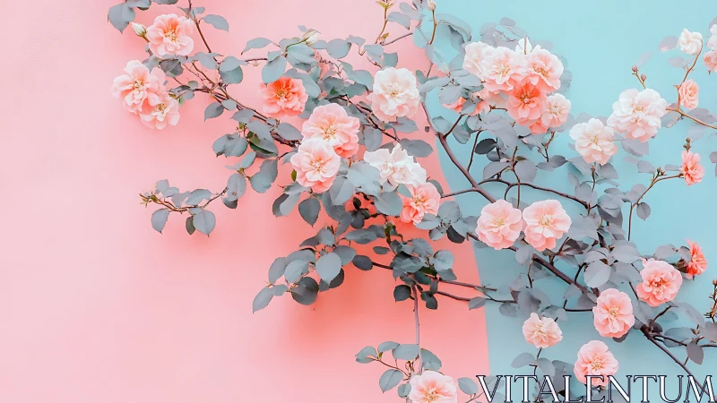 Pastel rose branch against split pink and cyan background