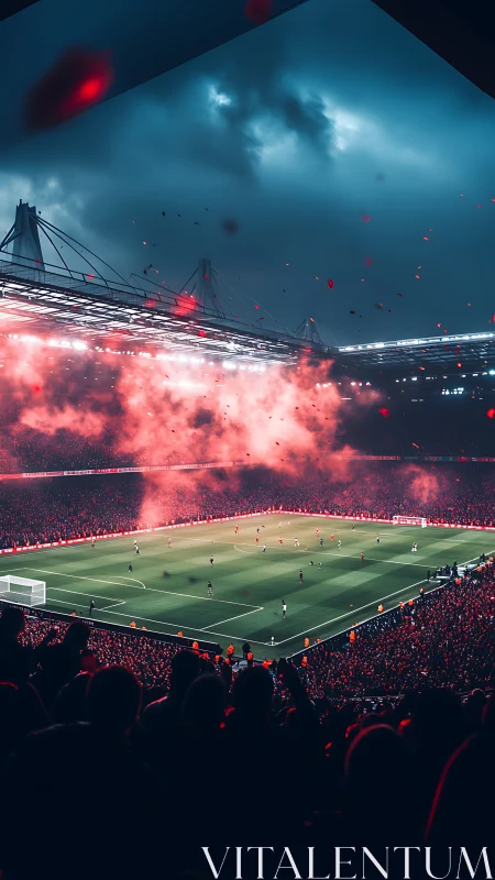 Night stadium football match amid red pyro haze and storm clouds.