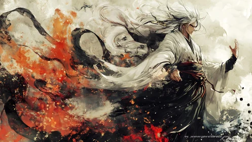 Storm-wreathed warrior commands swirling elemental fire and ash