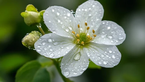Delicate White Bloom with Dewdrops: Botanical Macro Study.