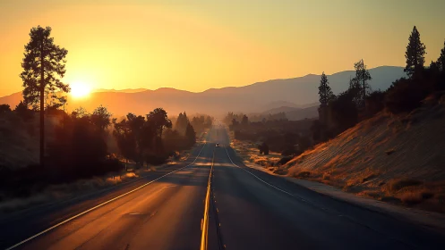 Sunlit highway receding toward hazy mountains at golden hour