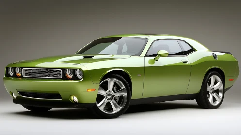 Lime green muscle coupe prowls a studio like liquid chrome.