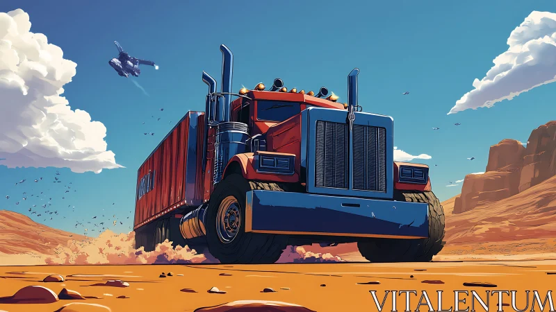 Futuristic semi truck powers through desert canyon landscape.