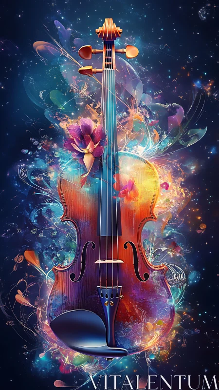 Luminescent violin rendered amid nebular particles and chromatic flares
