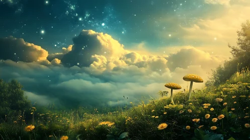 Mushroom hillside under dense clouds and starry sky at dusk.