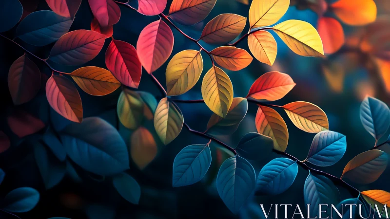 Colorful branch with multicolored leaves on dark background.