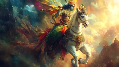 Mythological rider on ornate white horse traverses clouded sky