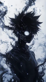 Dark liquid humanoid figure with glowing eyes in motion.