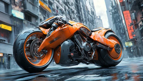 Low-angle render shows cyberpunk orange hoverbike with wet-surface reflections