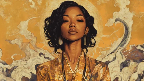 Golden-robed woman amid swirling celestial clouds.