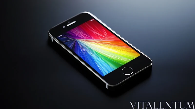 Smartphone with spectrum gradient display on dark surface.