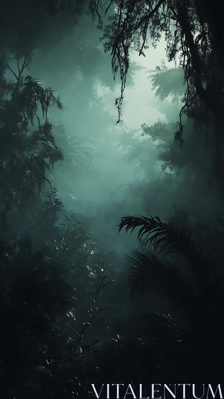 Emerald Jungle Canopy: Mystical Forest Atmosphere Through Verdant Mist.