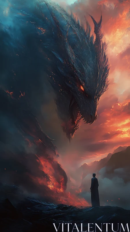 Calm wanderer meets a storm-lit dragon of molten dusk.