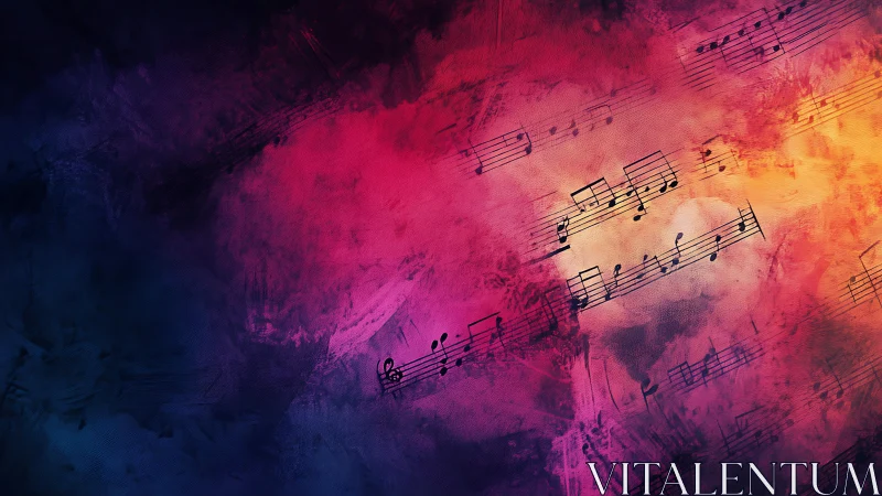 Vibrant abstract music notes over magenta and gold haze.