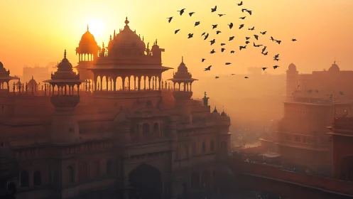 Sunlit Mughal-style palace skyline in warm urban haze.