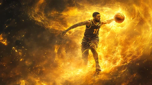 Basketball player dribbles through digitally rendered fire field