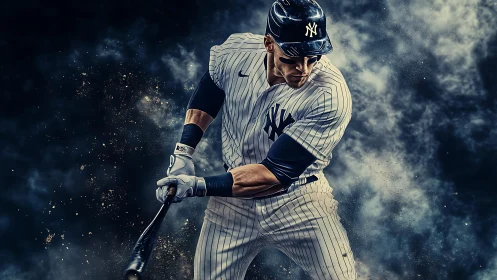 Pinstriped power hitter in dynamic impact swing nebula.