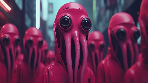 Neon alley procession of glossy pink squid drones.