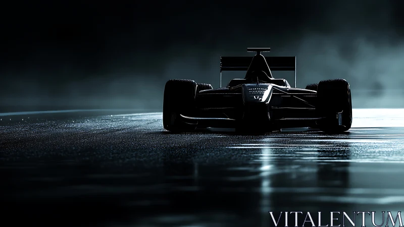 Formula race car on wet track in dramatic low light.