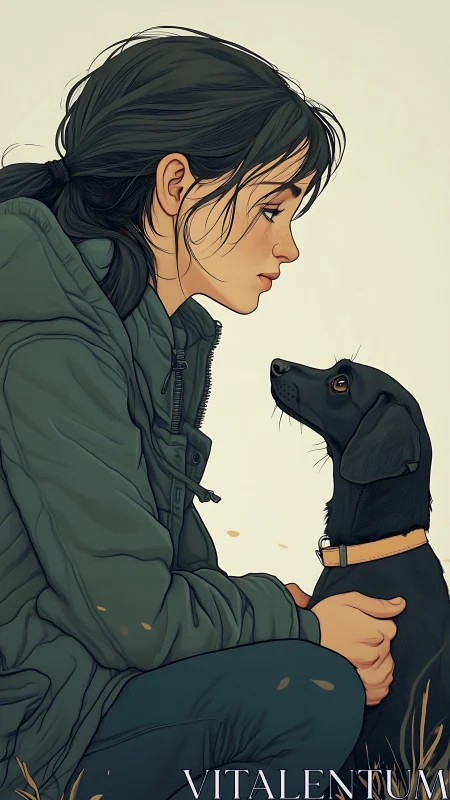 Girl in green parka gazes at black dog in soft palette.
