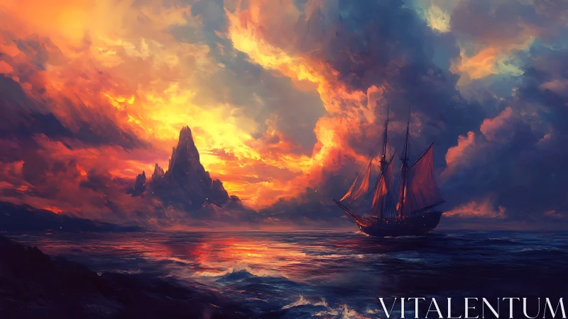 Fiery seascape with tall ship against towering volcanic island.
