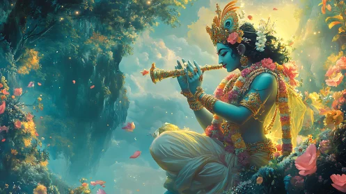 Divine blue deity playing flute amid glowing forest bloom.