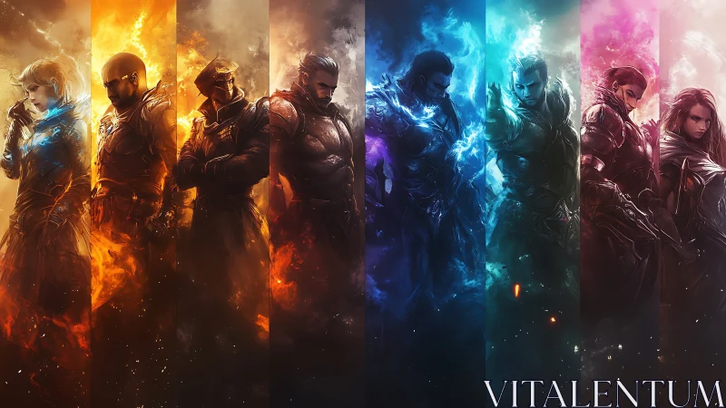 Elemental warrior lineup blazes with vivid spectral energy.