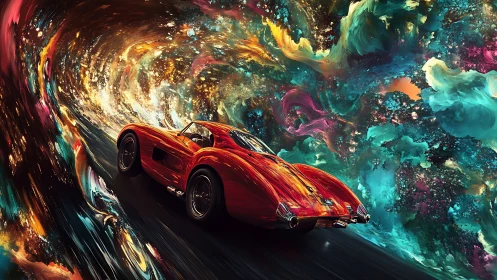 Crimson classic car storms through a swirling cosmic aurora.