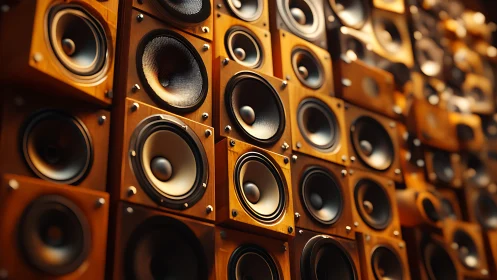 Photorealistic wall of wooden loudspeakers in grid composition.