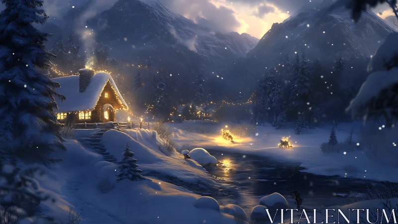 Snowbound valley glows as a riverside cabin gathers winter light