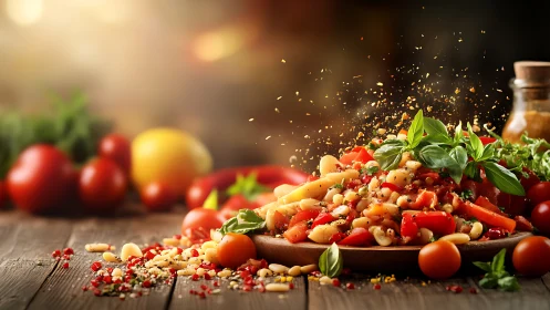 Colorful Mediterranean pasta salad bursts with fresh herbs.