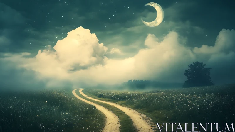 Moonlit country path curves through dreamy misty meadows.