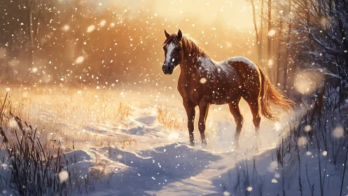 Horse standing in snowy field at warm winter sunset.