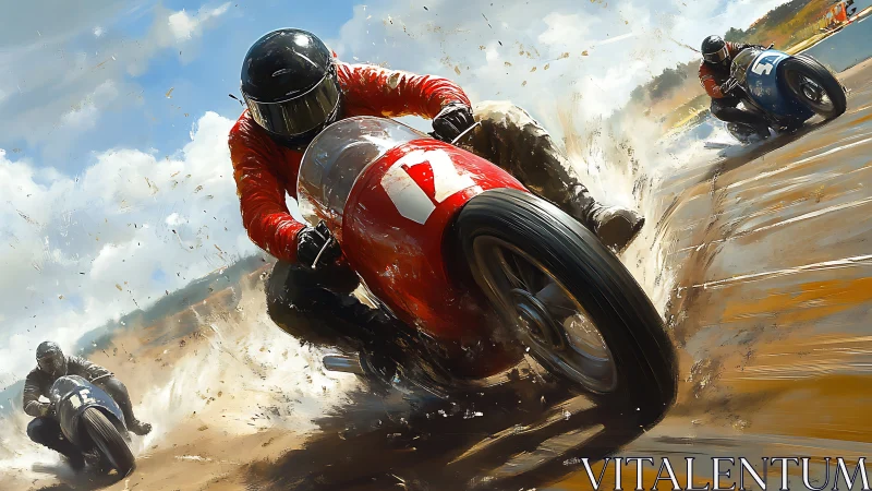 Motorcycle racers lean through wet dirt track corner