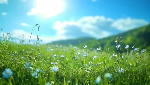 Backlit meadow wildflowers under high-key midday sun and haze