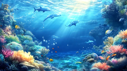 Vivid digital seascape with coral reef and sea life.