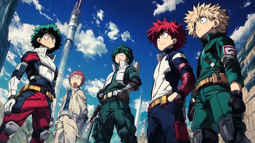 Anime hero team stands unified under vivid blue sky.