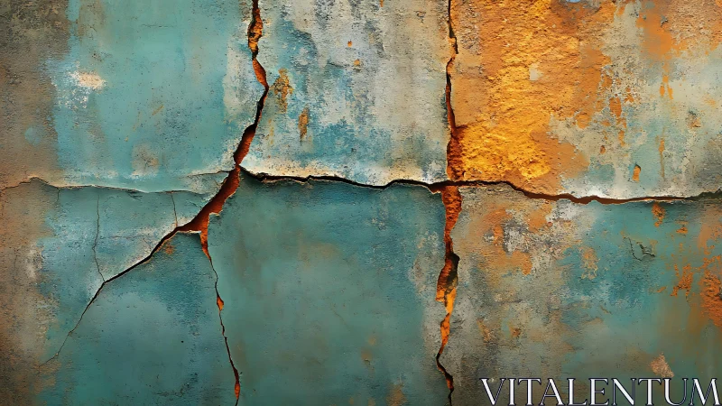 Weathered cracked wall with peeling turquoise and orange paint.