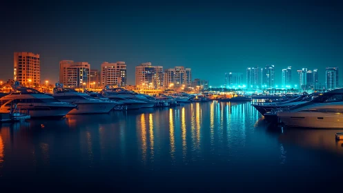 Night marina skyline with high-rise towers and reflective neon lighting