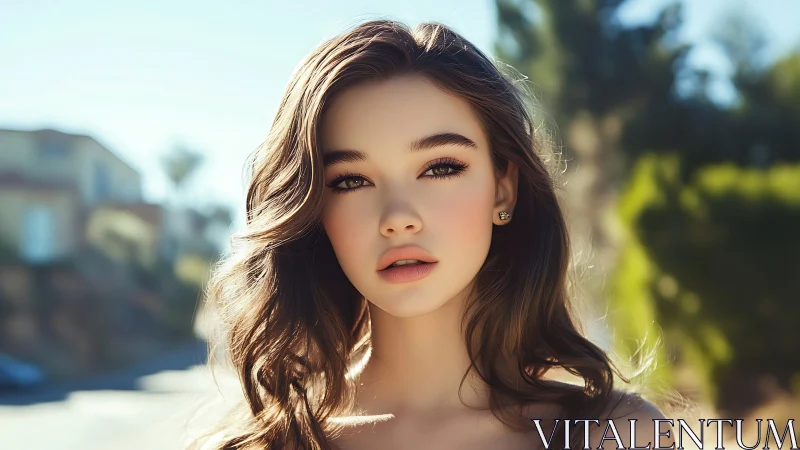 Sunlit portrait highlights serene expression and soft curls.
