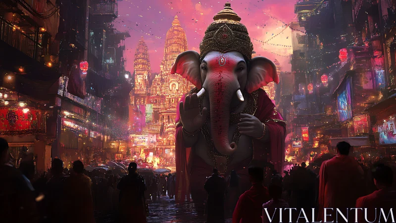 Colossal Ganesh idol dominates neon temple festival street