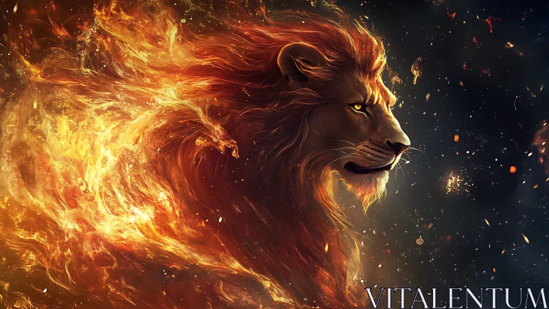 Fiery lion head emerging from swirling cosmic flames.