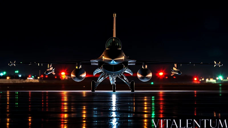 Stealth fighter jet waits on wet runway under vivid lights.