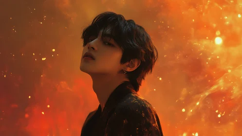 Profile portrait amid glowing orange abstract light field.